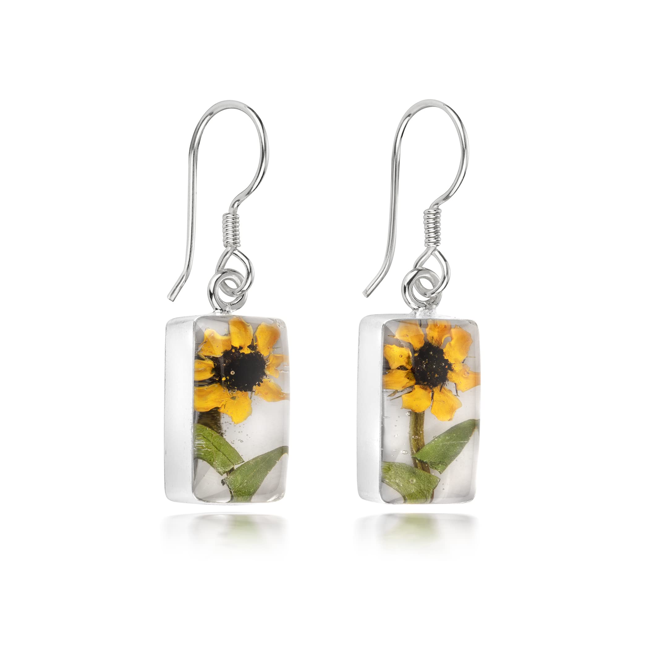 Sunflower Rectangle Drop Earrings Made With A Real Mini Sunflowers set in Sterling Silver