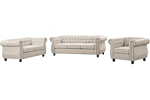 Morden Fort Classic Chesterfield Victoria Arm Sofa Set 3 Piece, Tufted 6-Seater Sofa Set No Sagging with Solid Wood Legs, Pet-Friendly Sofa Set Couch for Living Room Bedroom Apartment - Chenille Beige