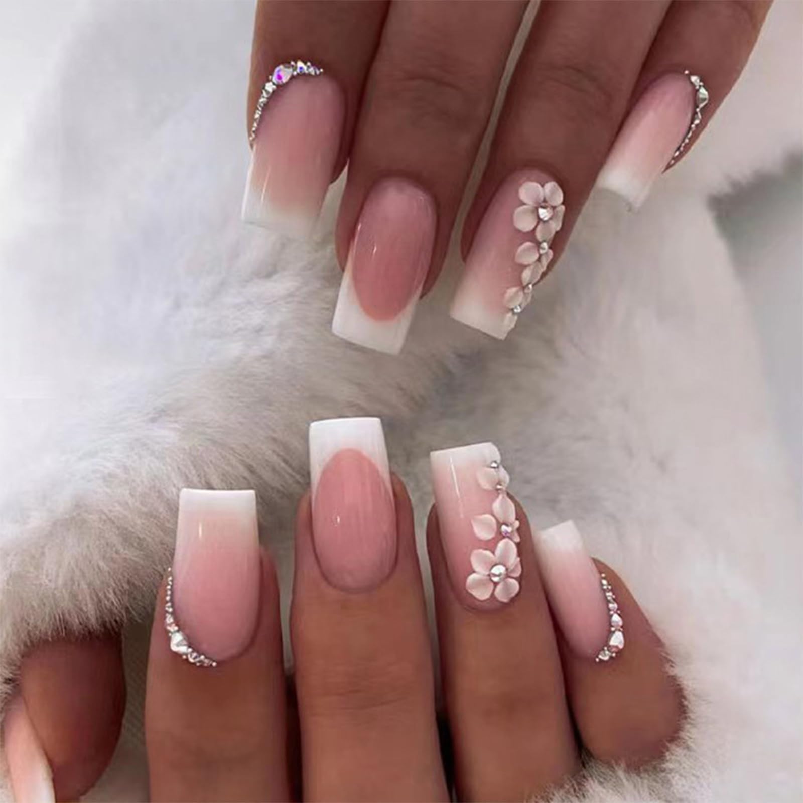 24PCS French Square False Nails with Petal Rhinestone Design Romantic Medium Press on Nails Pink and White Gradient Fake Nails Full Cover Acrylic Nails for Women or Girls