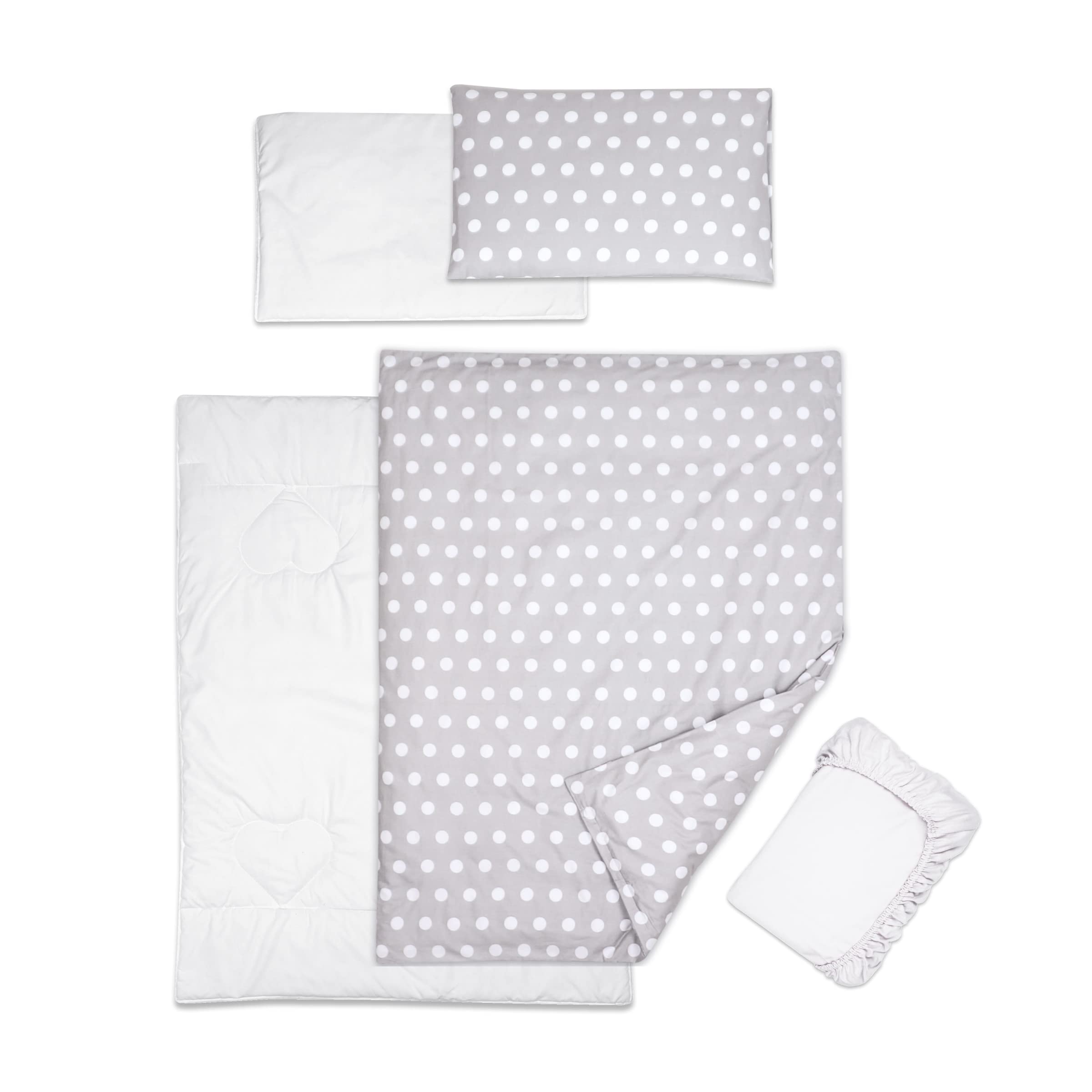 Baby Comfort 5 Piece Toddler Bedding Duvet Pillow with Covers & Jersey Sheet fits 120x60cm Cot Bed 12M+ (Polka Dots Grey)