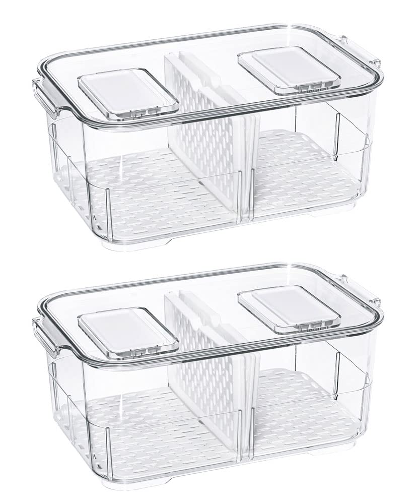 SANNO Produce Saver Fresh Keeper Vegetable Fruit Storage Containers, Refrigerator Fridge Stackable Bins with Lids and Vents, Salad Lettuce Keeper,BPA-freeContainers Bin, 9.2 Lx5.8 Wx4.8 inch H-2pack