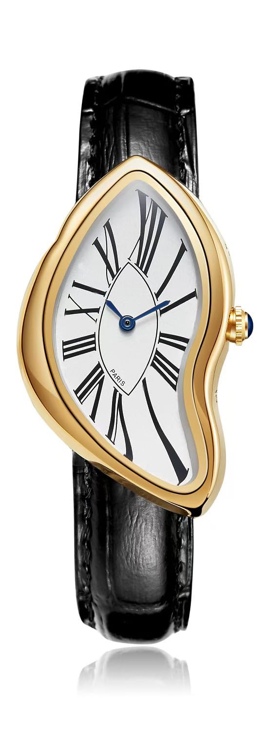 Gosasa Creative Melting Luxury Men's Watch Stylish Analog Quartz Wristwatch with Genuine Leather Strap, Roman Numeral Dial, Waterproof, Business Casual Dress Watch