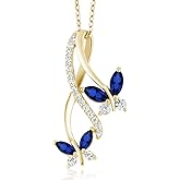 Gem Stone King 18K Yellow Gold Plated Silver Marquise Blue Created Sapphire Butterfly Pendant Necklace For Women (1.21 Cttw, with 18 inch Chain)