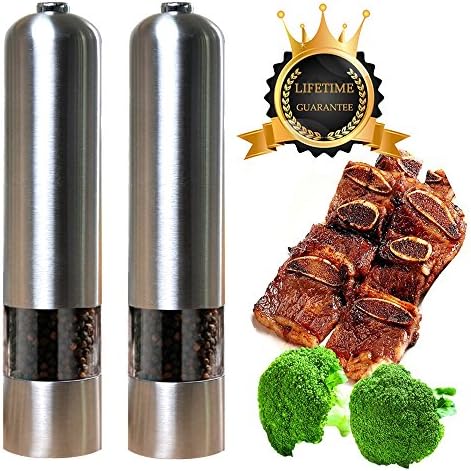 Electric Salt and Pepper Grinder Set Automatic Stainless Steel Ceramic Coarse Battery Power Round Head Set of 2(Round Head)