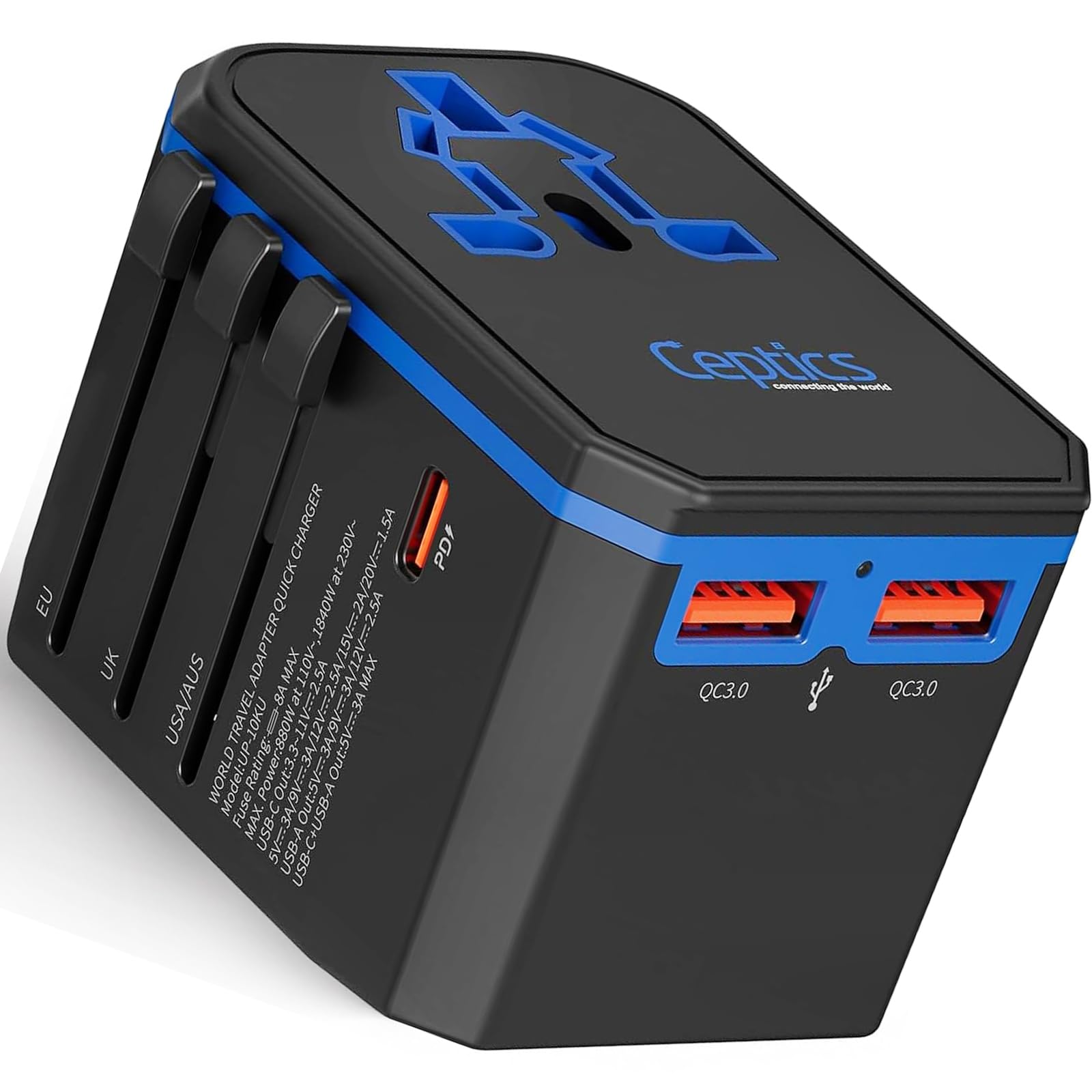 Ceptics International Power Adapter, World Travel adapter w/ PD 30W USB-C - 2 USB-A Ports Universal Adapter, Type A C G I Output for worldwide use, UP-10KU