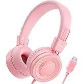 Bywulanda Upgrade USB Type C Kids Headphone for School, 94dB Safe Volume Limited, HD Stereo Sound, Foldable Lightweight On-Ear Headphones for Boys/Girls/Students/Tablet/Travel(Light Pink)