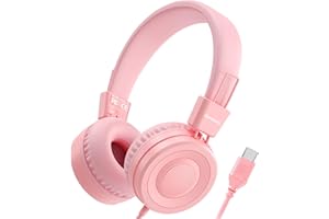 Bywulanda Upgrade USB Type C Kids Headphone for School, 94dB Safe Volume Limited, HD Stereo Sound, Foldable Lightweight On-Ear Headphones for Boys/Girls/Students/Tablet/Travel(Light Pink)