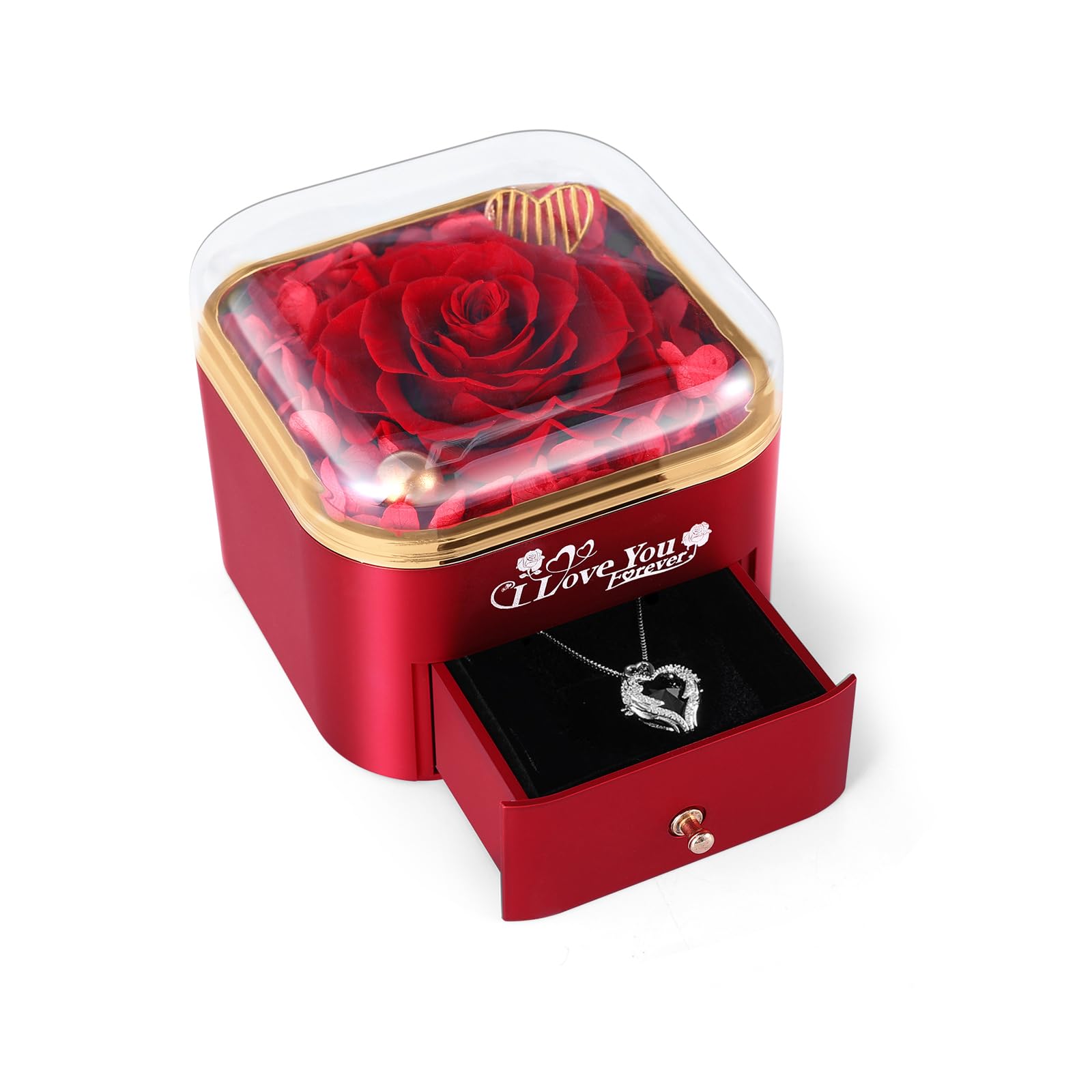 Mikasol Preserved Rose & Heart-Shaped Necklace with Jewelry Box - Preserved Rose, Ideal Romantic Gift for Women, Anniversary, Valentines, Mother’s Day Gifts, Red, 4.9"x4.5"x4.2"