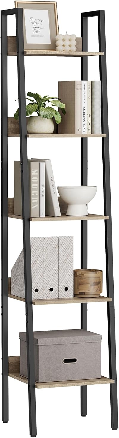 VASAGLE LLS109B50V2 5 Tier Narrow Ladder Shelf Camel Brown Ink Black