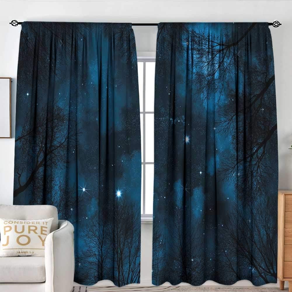 NUOMANAN Blackout Curtains Night Sky,Spooky View Through Forest Branches Trees Foggy Sky with Stars,Petrol Blue and Dark Blue,Rod Pocket Drapes Thermal Insulated Panels Home décor 84"x84"