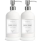 Vine Creations White Glass Soap Dispenser, 2 Pack Kitchen Soap Dispenser Set with Stainless Steel Pump, 16 oz Dish Soap and Hand Soap Dispensers for Bathroom with Waterproof Labels