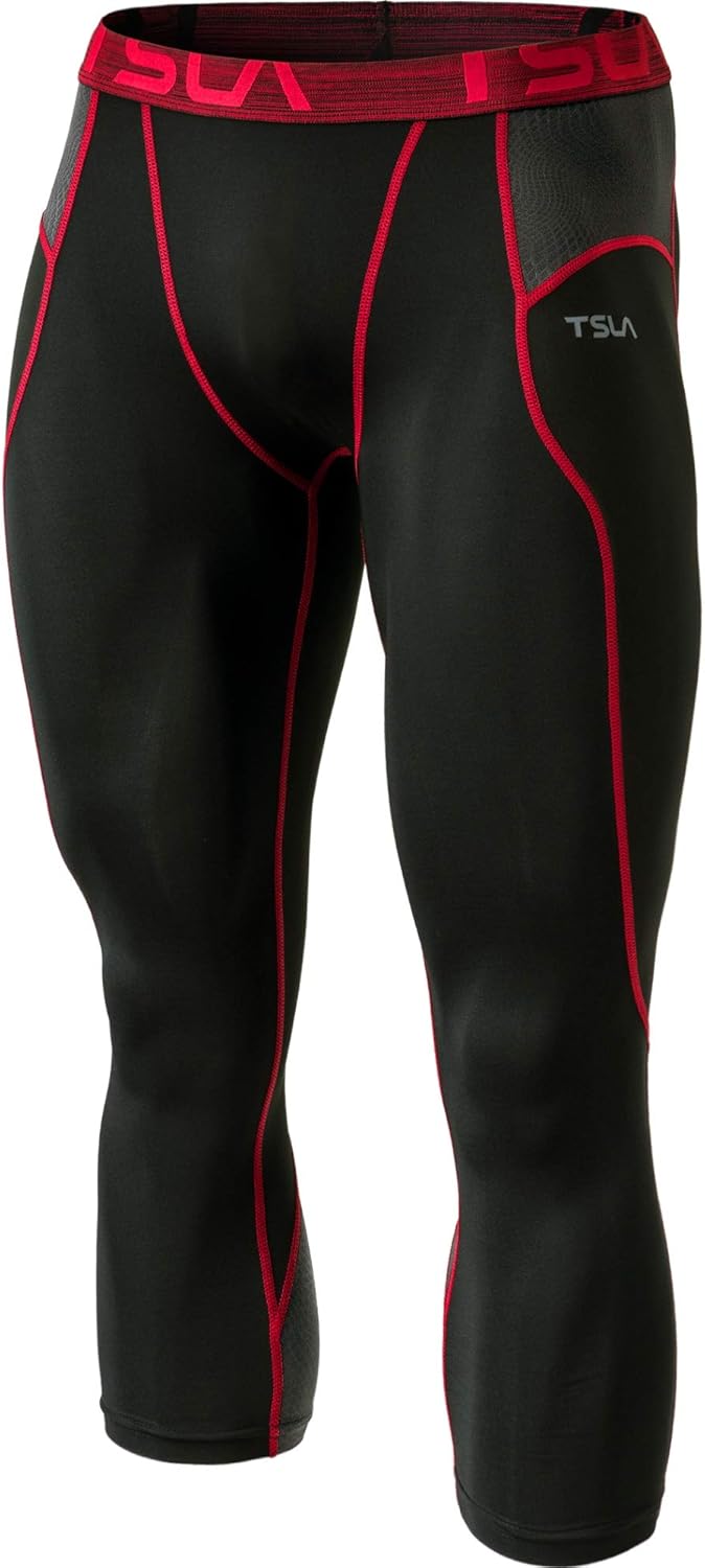 TSLA Men's Compression 3/4 Capri Pants Baselayer Cool Dry Sports Running Yoga Tights : Clothing