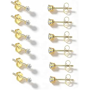 DENNSHH 6 Pairs 3 mm Silver Gold Stud Earrings Set for Women 14K Gold Plated 316L Surgical Stainless Steel Hypoallergenic Cub