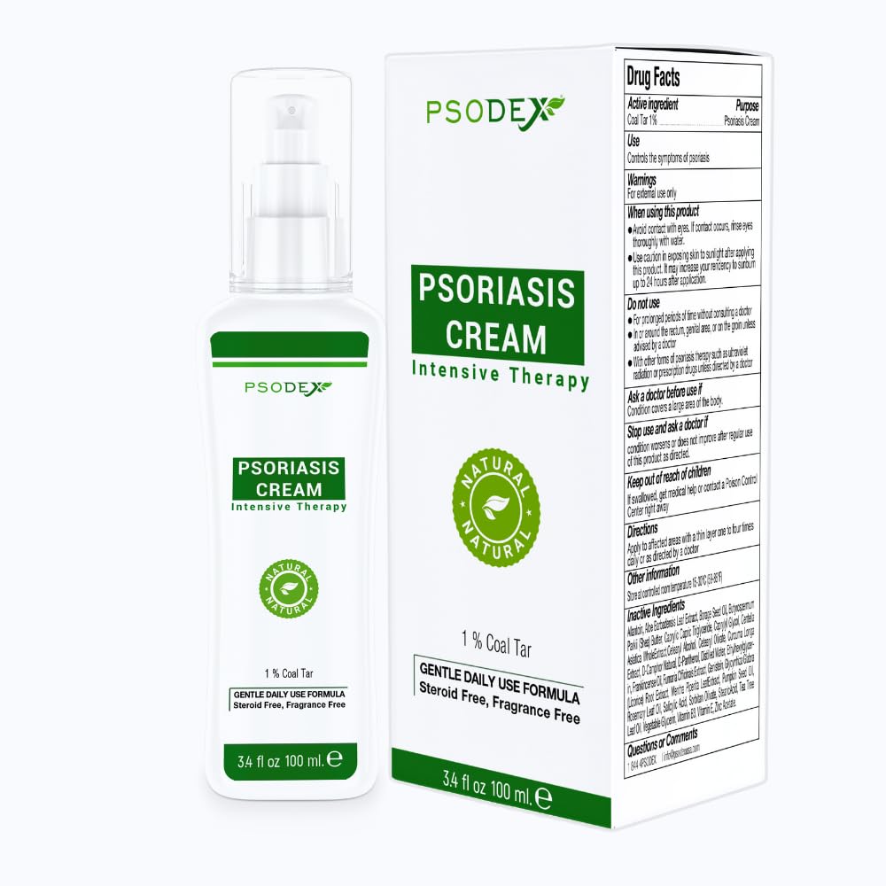 PSODEX Psoriasis Cream – 3.4fl oz Topical Psoriasis Treatment with Coal Tar, Salicylic Acid, Tea Tree Oil, Aloe Vera – All-Natural Ingredients – Soothing and Moisturizing Coal Tar Psoriasis Cream