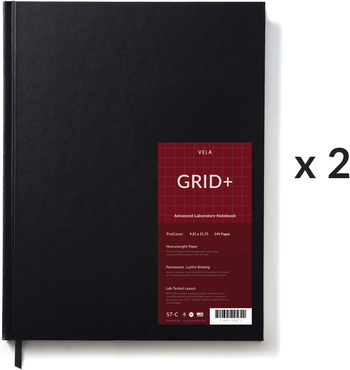 Vela Sciences S7-C Expanded Procover Lab Notebook, 9.25 x 11.75 in, 144 Pages, Black Cover (5mm Grid+, 2-Pack)