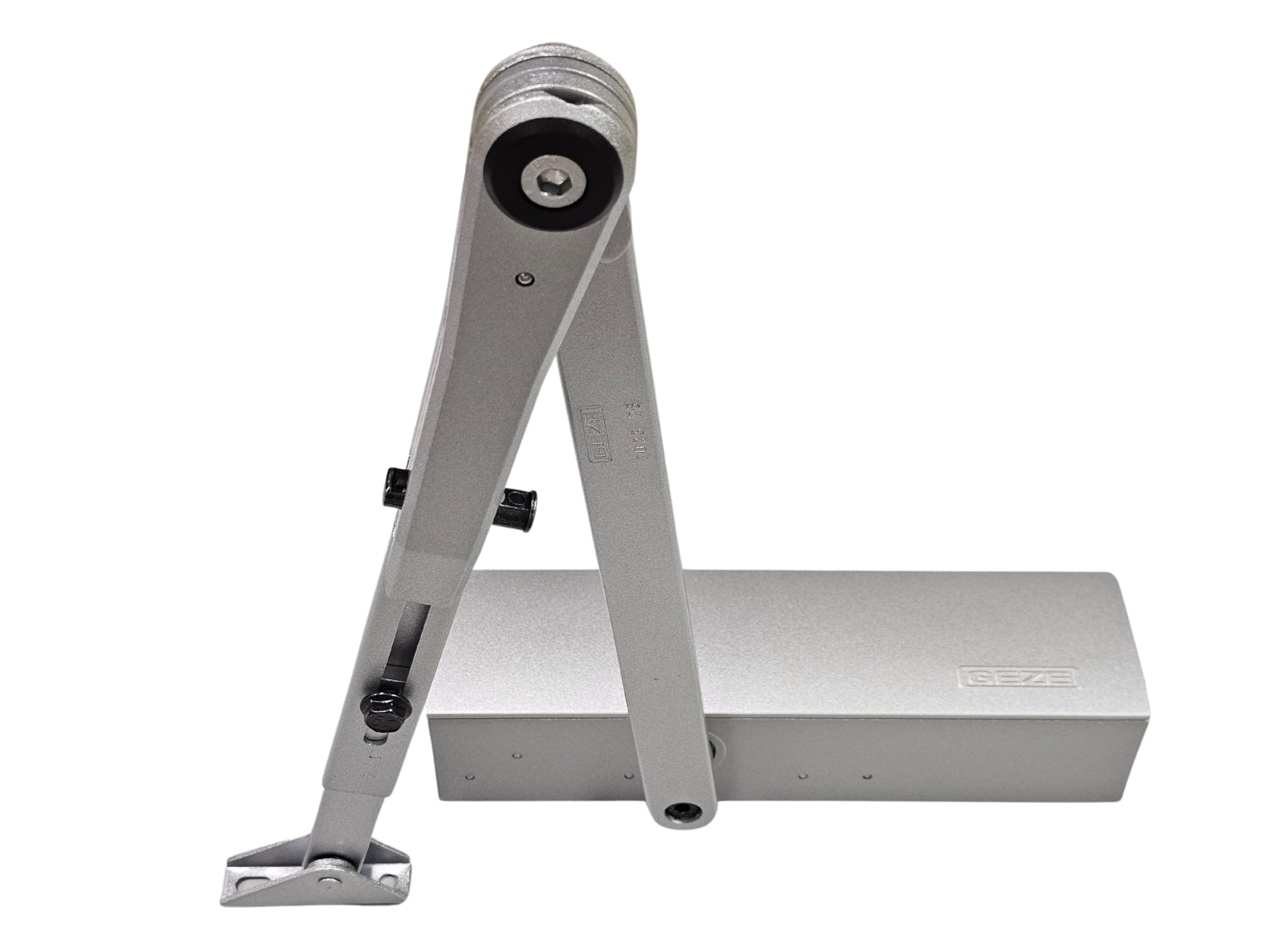 GEZE TS 2000 V BC Silver Linkage Door Closer for Single Leaf Doors up to 1250 mm Wing Width with On/Off Locking Rod 102445 and Mounting Plate/Set 3 in 1