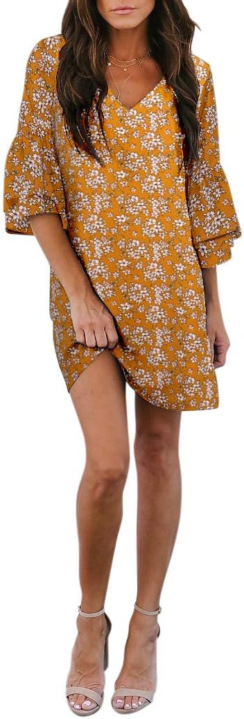 Women's 2023 Summer Dress Sweet & Cute V-Neck Bell Sleeve Shift Dress Mini Dress