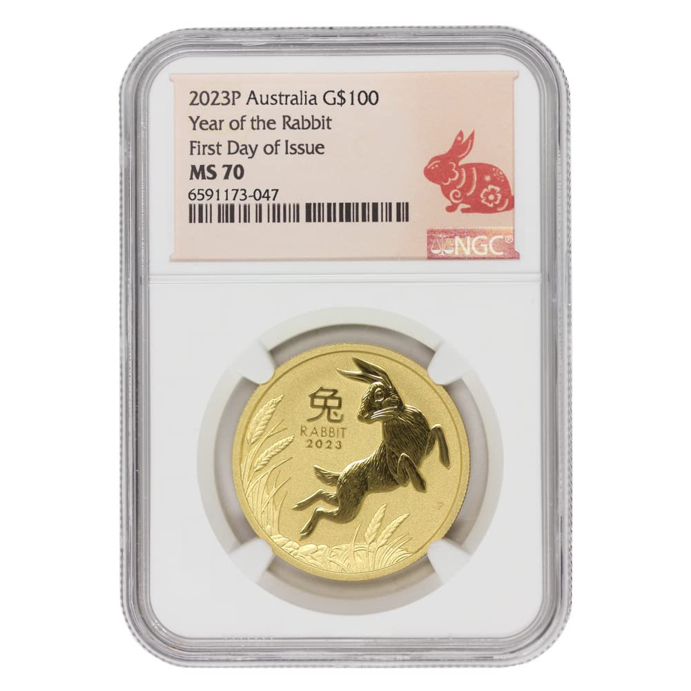 2023 AU 1oz Australian Gold Year of the Rabbit MS-70 First Day of Issue Lunar Label $100 MS70 NGC