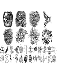 Yazhiji 32 Sheets Temporary Tattoos Stickers, 8 Sheets Fake Body Arm Chest Shoulder Tattoos for Men Women with 24 Sheets Tiny Black Temporary Tattoos