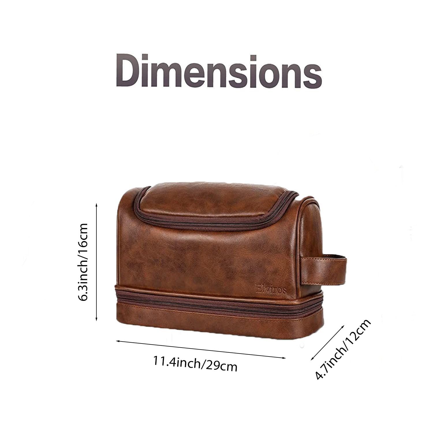 Elviros Toiletry Bag for Mens PU Leather Travel Organizer Kit with Hanging hook, Large Water-resistant Toiletries Bathroom Shaving Bag, Gift For Men (Dark Brown)