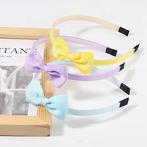 3Pcs Bows Headbands for Girls,Cute Ribbon Hair Bow with Headbands with Non-slip Teeth for Daily School Hairstyling (Blue, Pur