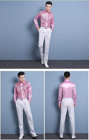 Amazon メンズ 司会者 合唱シャツ 忘年会 トップス 派手 シャツ メンズ きらきら 男性用 演出服 演奏会 発表会 カラオケ衣装 長袖 ブラウス イベント 撮影 ダンスウェア シャツ パーティー D9071c0 L ピンク シャツ 通販