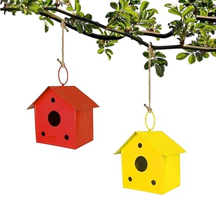 TRT Metal Bird Nest | Garden/ Wall Hanging Bird Setting Nest - Set of 2 Bird Houses (Red and Yellow)