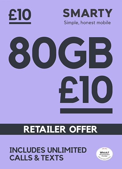 SMARTY SIM Only 1 Month Plan 80GB Data 10 a Month Unlimited Calls