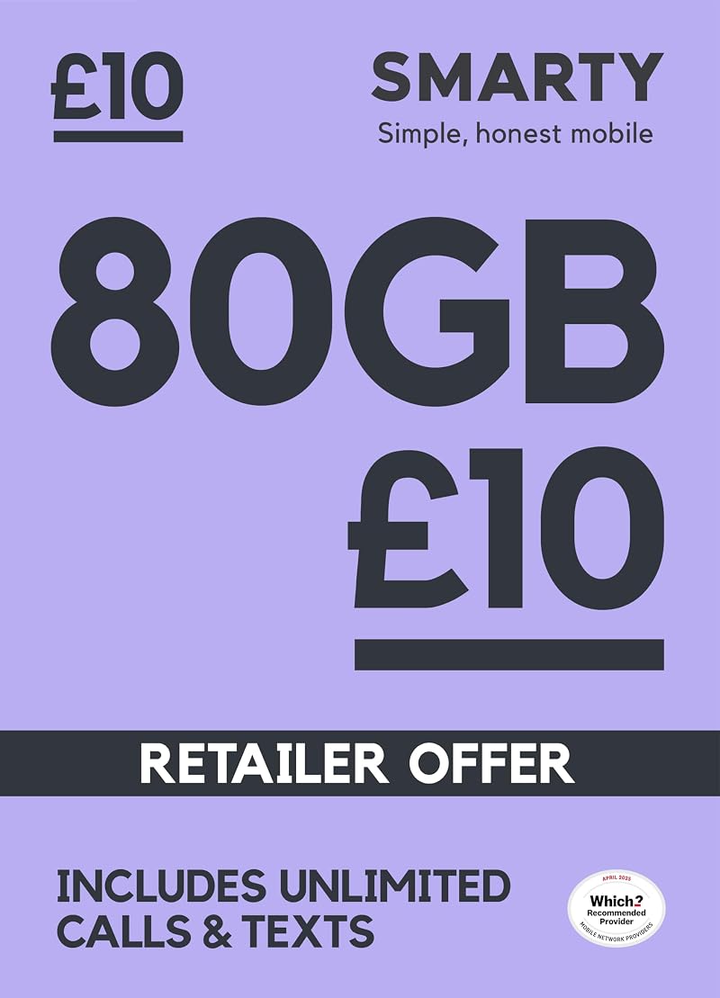 SMARTY SIM Only 1 Month Plan 80GB Data 10 a Month Unlimited Calls