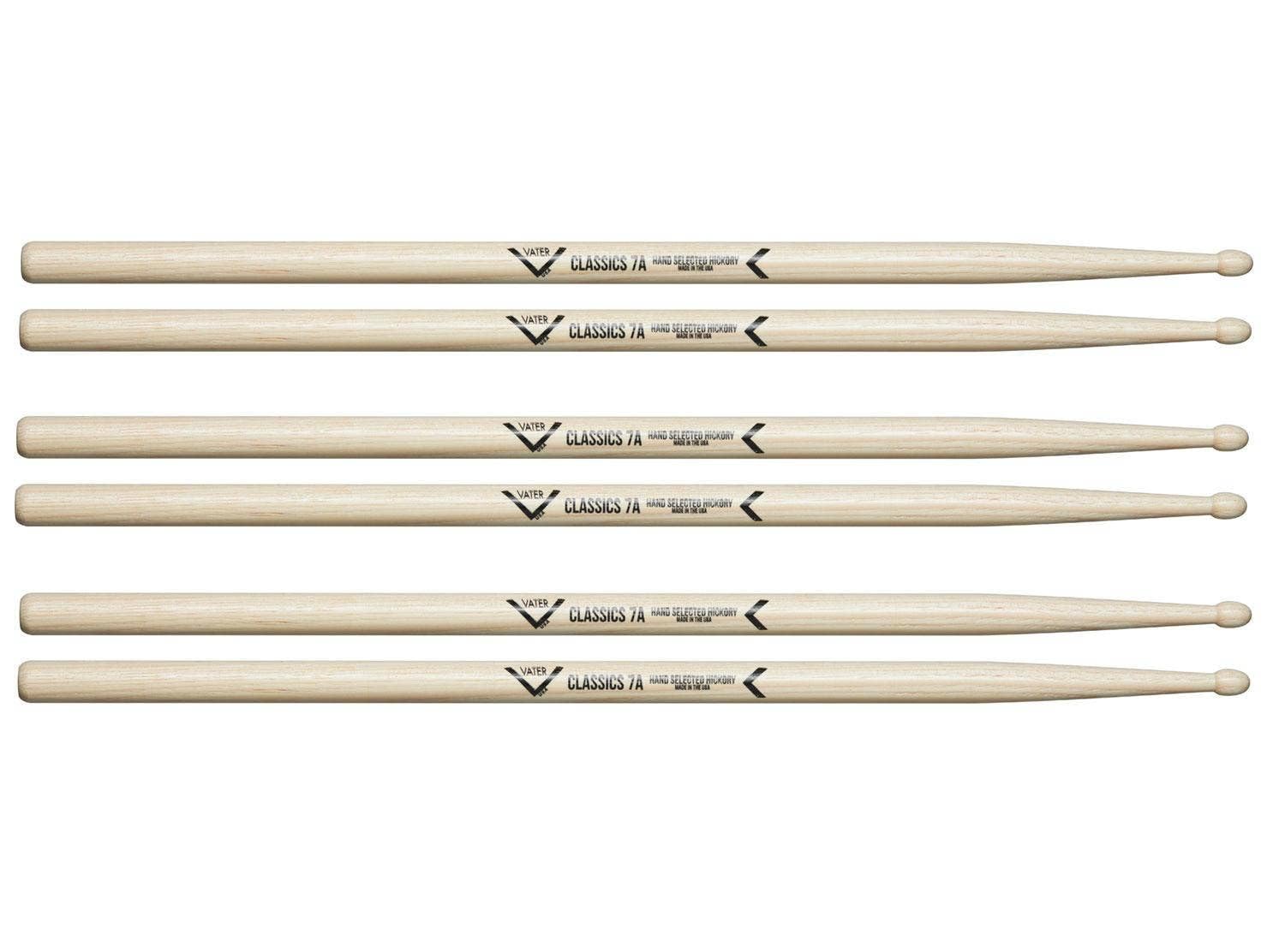 Vater - Classics 7A (Wood Tip) American Hickory Drumsticks - 3 pair pack - VSP37ACL