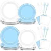 CHUNNIN 96PCS Baby Blue and White Party Paper Plates and Napkins for Birthday Party Supplies Light Blue Paper Dessert Plates Tableware Set for 24 Guests Baby Shower Birthday Bachelorette Decorations