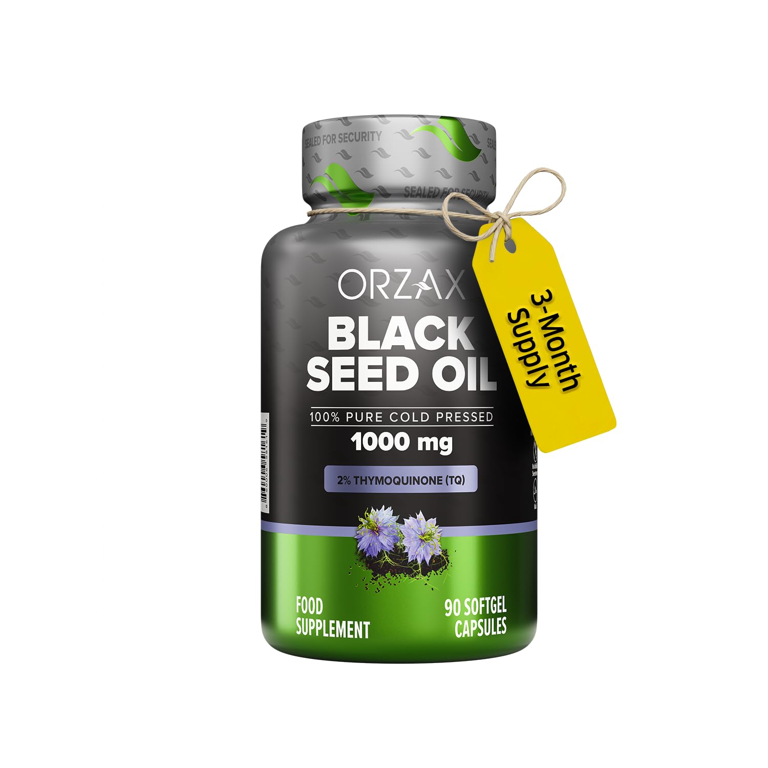 ORZAX Black Seed Oil Capsules 1000mg - High Strength 20mg Thymoquinone - 90 Cold Pressed Nigella Sativa Softgels - Supports Immune, Hair, Skin, and Joint Health