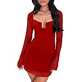 GOKATOSAU Women's Mesh Long Sleeve U-Ring Neck Fit and Flare Bodycon Ruched Party Mini Dress