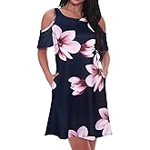 Tanst Sky Women Cold Shoulder Dress Floral Printed Short Sleeve Sundress with Pocket