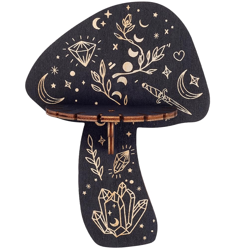 CREATCABIN Crystal Shelf Display Wooden Wall Crystal Shelf Mushroom Rustic Floating Shelves Dowsing Pendulum Holder Stand Witchy Stuff Storage Display for Hanging Essential Oil Spiritual 7.99x5.91Inch