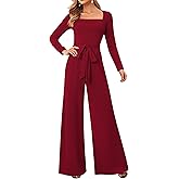 LOOKBOHO Jumpsuits For Women Dressy Long Sleeve Square Neck Casual Belted Wide Leg Long Pants Romper One Piece Outfits