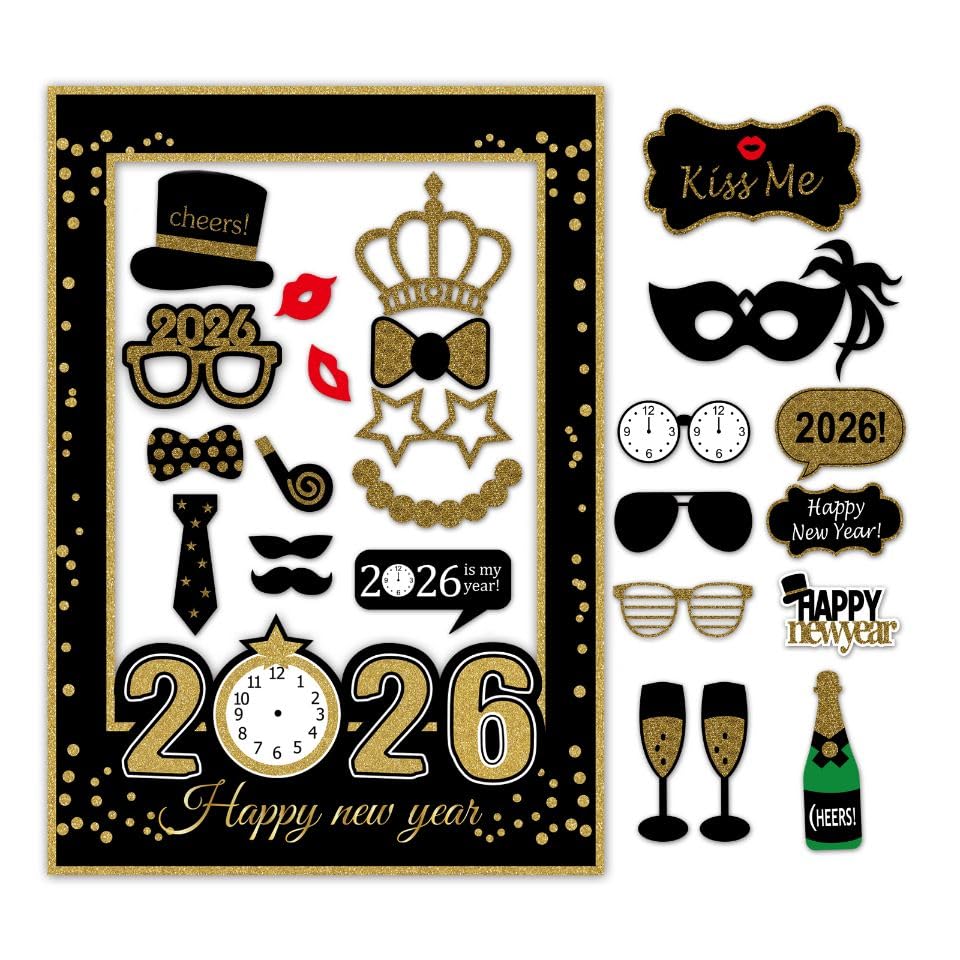 SWSATYW 2026 Happy New Year's Eve Party Photo Booth Props Decorations with Frame(Pack of 26)