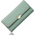 Roulens Wallet for Women RFID Blocking PU Leather Leaf Pendant Card Holder Phone Checkbook Organizer Zipper Coin Purse