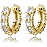 Men's Women's Elegant Fully Iced Cz Unisex Yellow Gold Plated 925 Sterling Silver Post Hoops Big Stone Cubic Zirconia For Sensitive Ears Hypoallergenic 12mm Huggie Hoop Earrings Jewelry Gift For Men And Women