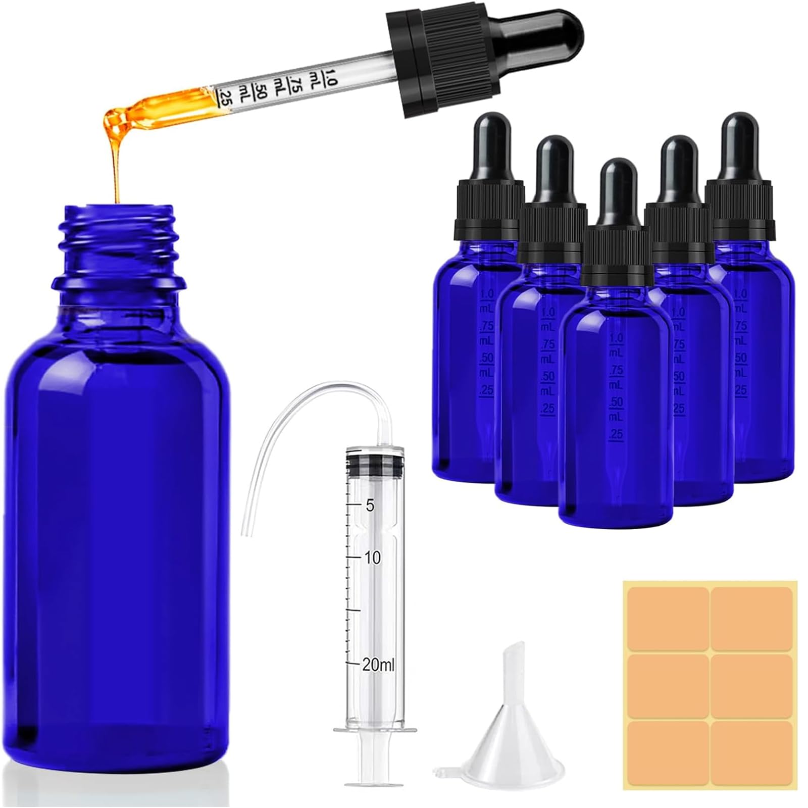 CoKeeSun 30ml Glass Dropper Bottle, 5 Pcs Blue Dropper Bottles with Pipettes, Reusable Glass Bottle Set with Funnel Needle Syringe Catheter Stickers for Hair Oil perfumes Cosmetics Storage
