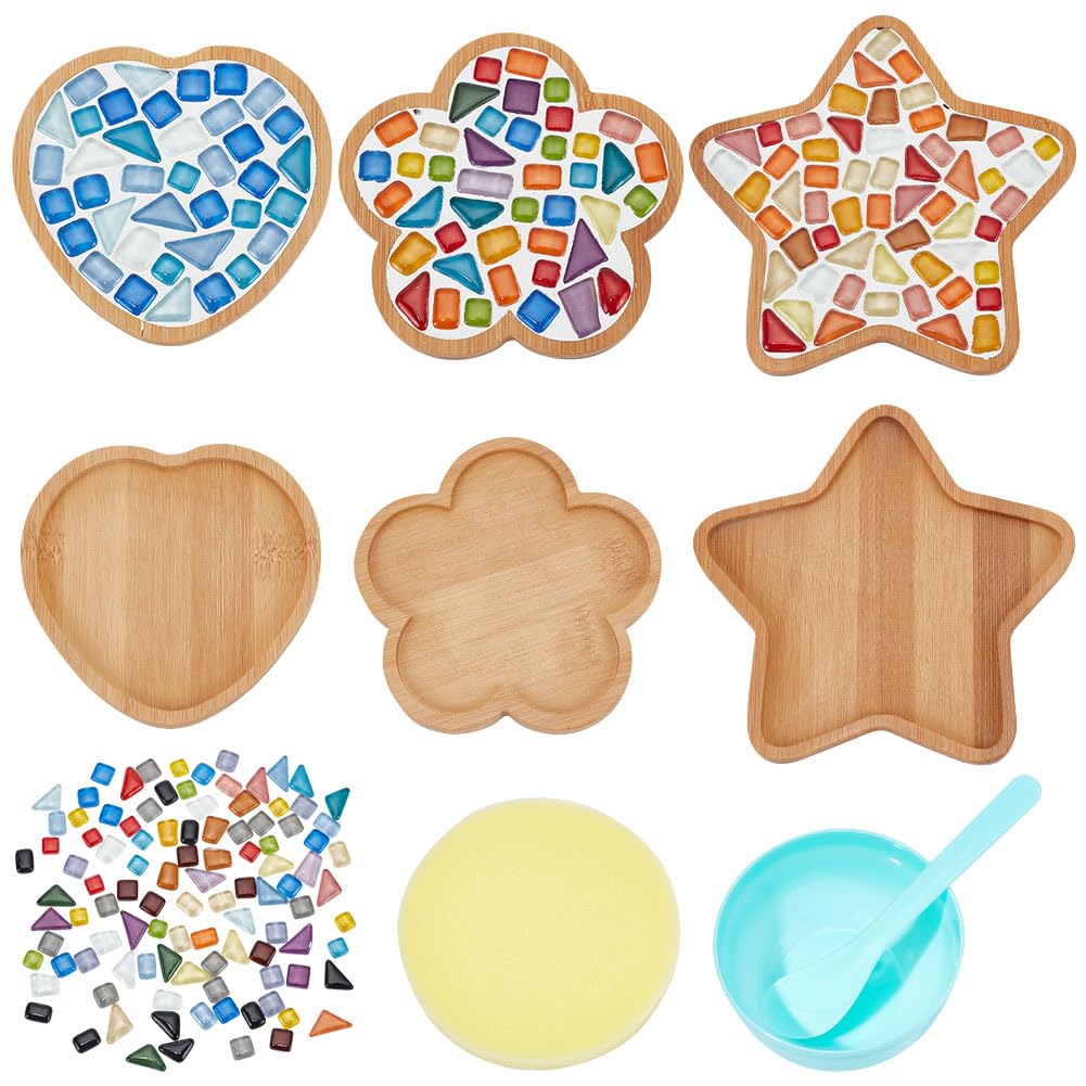 WEBEEDY 3 Sets Glass Mosaic Kit Heart Star Flower Mosaic Coaster Kit with Bamboo Coaster Base Glass DIY Mosaic Tiles Art and Craft Kit DIY Mosaic Crafts Kits for Drinks Home Decor Valentine's Day Gift
