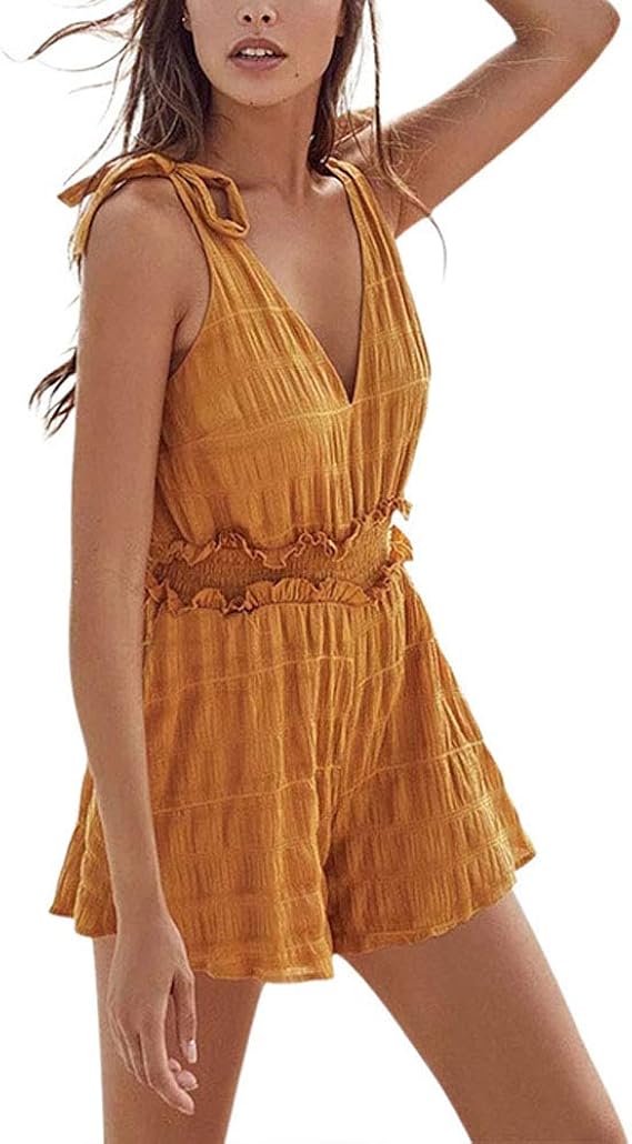 Jumpsuit Shorts Women Summer Sleeveless Yellow Splice V Modern Casual