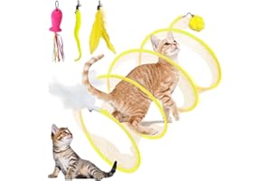 AVYDIIF Cat Spiral Tunnel Toy Collapsible, Self Play Toy for Indoor Cats, S Type Tunnel with Feather Toys, Interactive Cat Springs Toys, Puppy, Kitty, Kitten, Rabbit (Yellow)