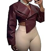 AUGCONE Faux Leather Jacket Women Crop Long Sleeve Lapel Neck Button Down PU Coats