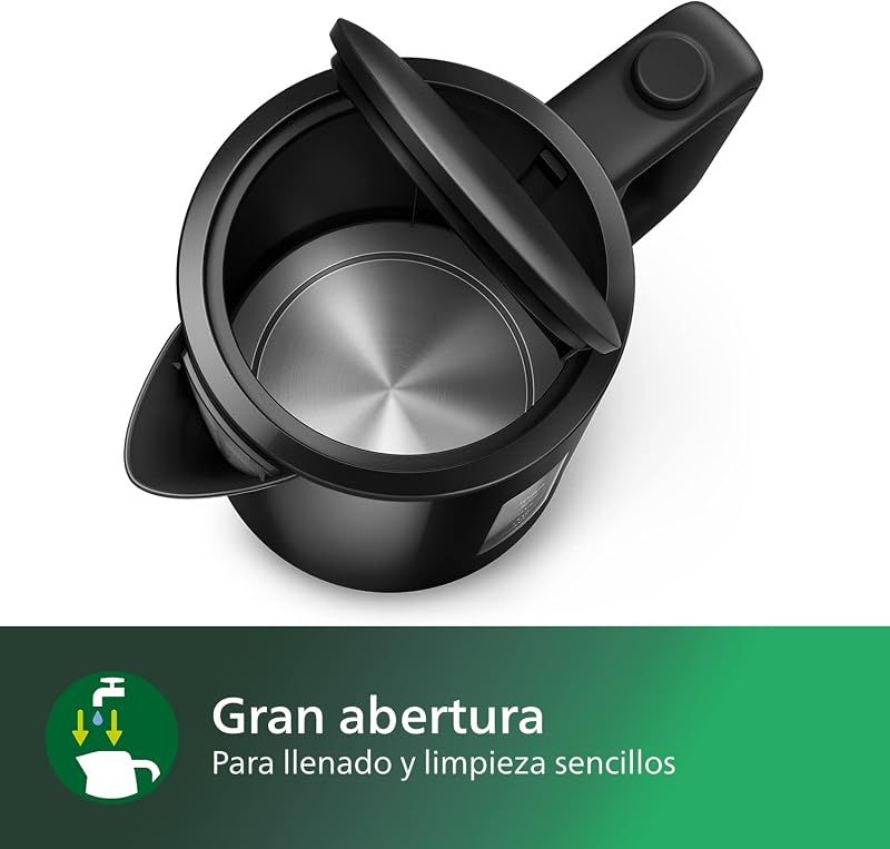 Hervidor Serie 3000-1,7L Tapa con resorte, Resistencia plana, Luz indicadora, Filtro extraíble, Múltiples sistemas de seguridad, Negro (HD9318/20)