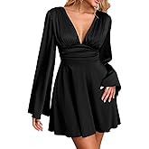 Parthea Women's Sexy Deep V Neck Long Sleeve Mini Satin Silk Dress Elegant Flowy Wedding Guest Party Short Dresses