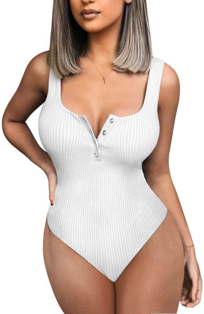 Women's Basic Tank Top Button Down Bodysuit Sexy Bodycon Clubwear Bodysuit