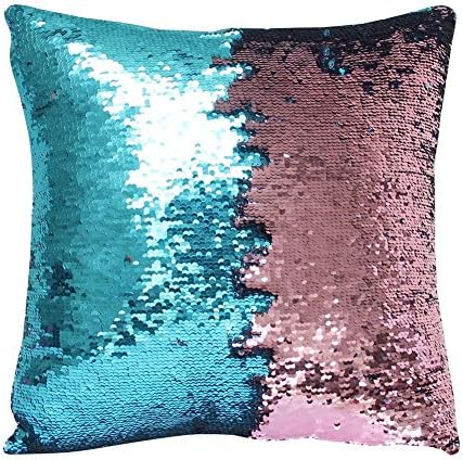 Sequin Mermaid Pillow Case, Senoke Magic 2 Color Reversible DIY Glitter Sofa Cushion Cover Throw Pillow Case 1616" (Mint Blue+Baby Pink)