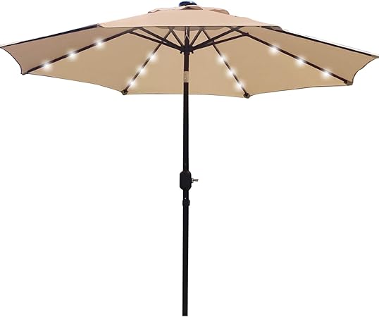 Amazon Com Sunnyglade 9 Solar 24 Led Lighted Patio Umbrella With 8 Ribs Tilt Adjustment And Crank Lift System Light Tan Garden Outdoor