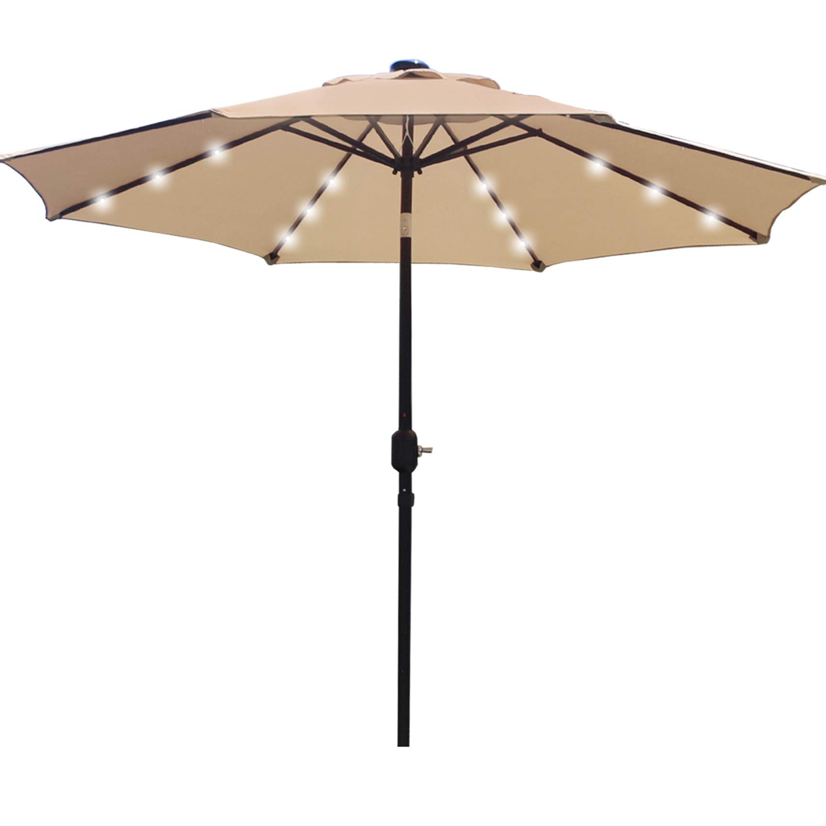 Sunnyglade 9' Solar 24 LED Lighted Patio Umbrella with 8 Ribs/Tilt Adjustment and Crank Lift System (Light Tan)